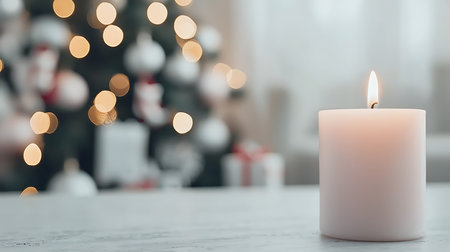 Candle with christmas tree on background, panoramic shotの写真素材