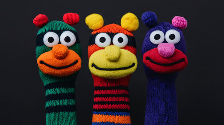 Handmade knitted wool socks with funny faces on black background.の写真素材