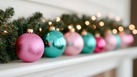 Christmas tree with colorful baubles on white shelf, closeupの写真素材