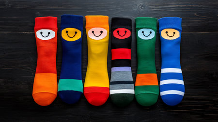 Colorful socks on black wooden background. Top view. Flat lay.の写真素材