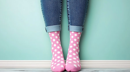 Legs of young woman wearing pink polka dot socks near color wallの写真素材