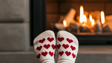 Feet in socks with hearts near fireplace, closeup. Winter vacationの写真素材