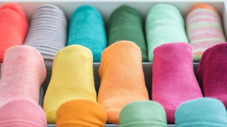 Colorful socks in a box. Selective focus and shallow depth of field.の写真素材