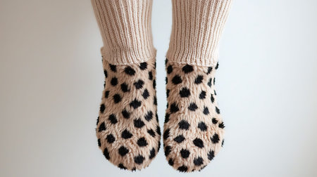 Female legs in knitted socks with leopard print on a white backgroundの写真素材
