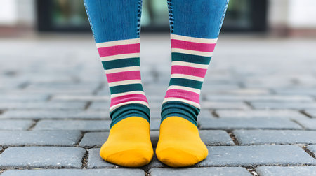 Legs of a young woman in colorful socks standing on the streetの写真素材
