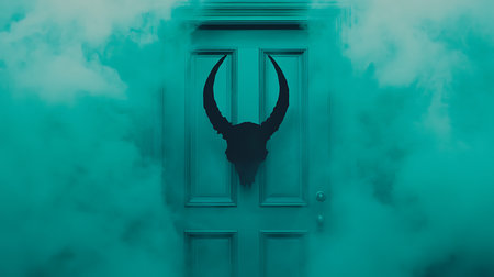 The head of a goat on a white wooden door in the smokeの写真素材