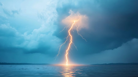 Lightning strike over the sea. Thunderstorm. 3D rendering