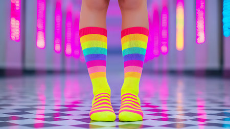 Female legs in colorful socks on a checkered floor background.
