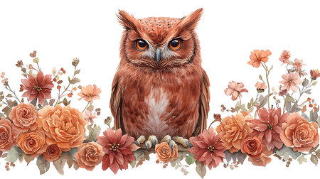 Watercolor illustration of a beautiful owl with a bouquet of flowersの写真素材