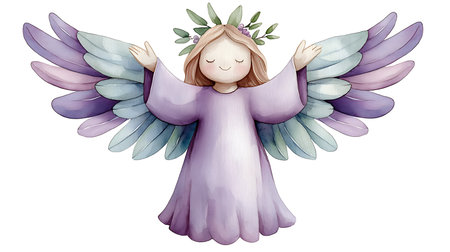 Illustration of a little girl in a lilac dress with wings and flowersの写真素材