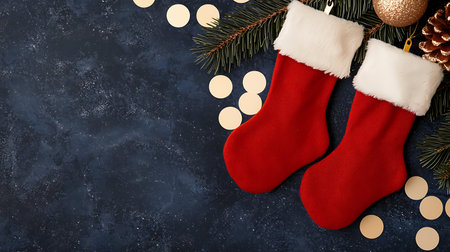 Christmas greeting card. Festive decoration on dark blue background. New Year concept. Copy space. ...
