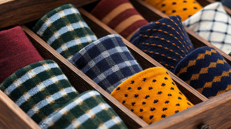 Colorful socks in a wooden box, close-up, selective focusの写真素材