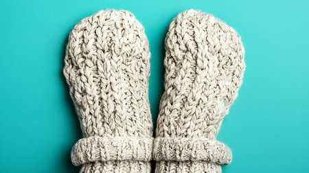 Knitted mittens on color background, top view. Winter clothesの写真素材