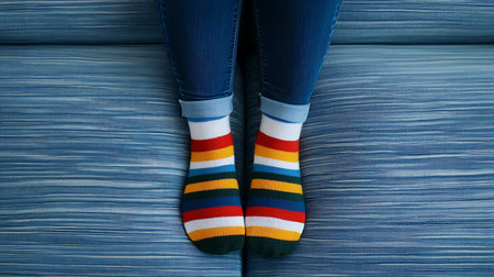 Legs of young woman in colorful socks on wooden background, top viewの写真素材