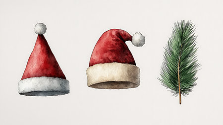 Hand drawn watercolor christmas hats and fir branch on white backgroundの写真素材