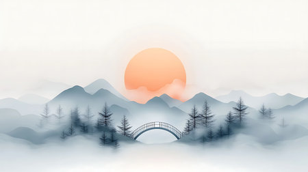 Landscape with sunset and bridge in the mountains.の写真素材
