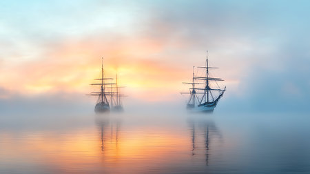 Two old sailing ships in a foggy sea at sunset. 3D renderingの写真素材