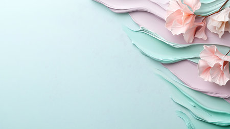 Creative layout made of paper flowers on pastel background. Flat lay, top view.の写真素材