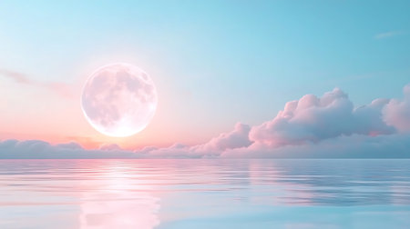 3D illustration of moonrise over the sea and the sky with cloudsの写真素材