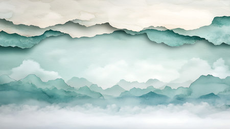 Abstract watercolor background with layers of mountains and cloudy sky. Digital art painting.の写真素材