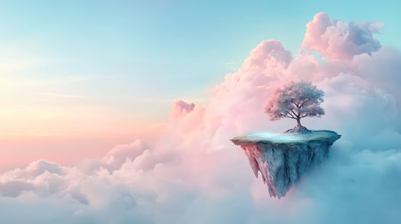 3d illustration of a tree on an island in the clouds.の写真素材