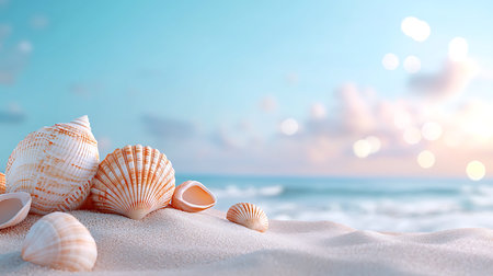 Seashells on the beach. Summer background. 3d rendering