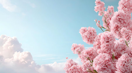 Cherry blossoms on a background of blue sky with white clouds