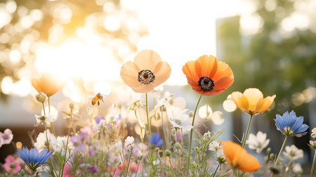 Poppies and bees in the garden at sunset. vintage toneの写真素材