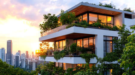 Modern apartment building exterior in Hong Kong city at sunset, China.