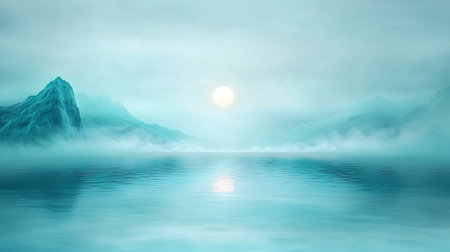 Beautiful landscape with sea and mountains in the fog. 3d renderingの写真素材