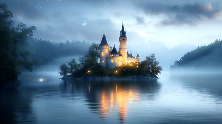 Beautiful castle on island in the middle of the lake at nightの写真素材