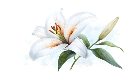 White lily flower isolated on white background. Watercolor painting.の写真素材