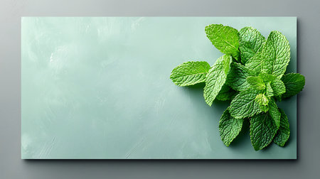Fresh mint leaves on green background. Top view with copy space.の写真素材
