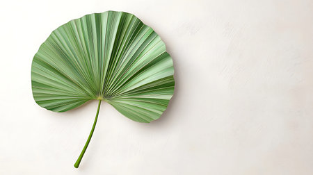 Green palm leaf on white background. Top view. Copy space.