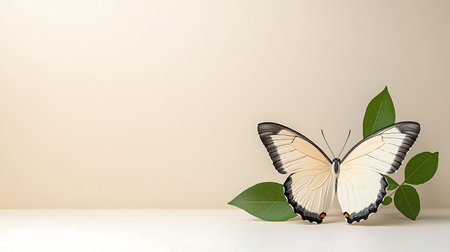 Butterfly and green leaves on white table with copy space.の写真素材