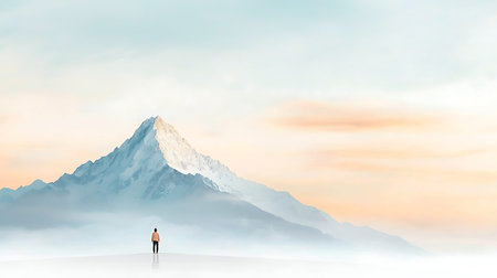 Woman standing in front of a mountain peak. 3D rendering.の写真素材