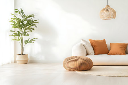 Interior of living room with sofa, pillows and plant. 3d renderの写真素材