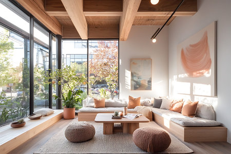 Interior of modern living room with wooden ceiling, sofa and coffee table