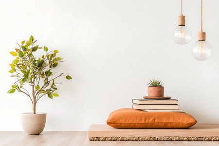 Modern scandinavian living room interior with orange sofa, books, lamp and plant. 3d renderの写真素材