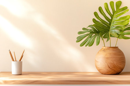 Wooden vase with plant and pencils on a wooden shelfの写真素材