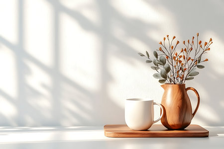 Cup of coffee and vase with eucalyptus branches on white wall backgroundの写真素材