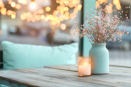 Burning candle with flowers in vase on wooden table in cafeの写真素材