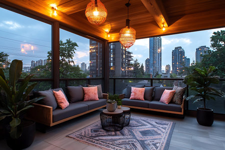 Interior of a modern living room with a large window overlooking the city
