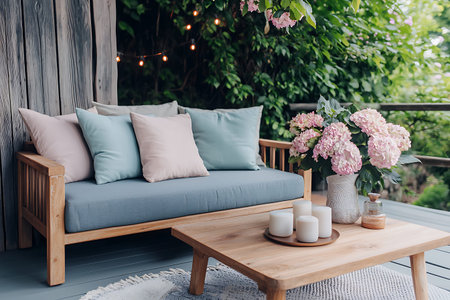 Wooden table with pillows on the terrace in the garden
