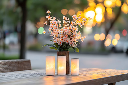 Bouquet of flowers in vase with candles on table outdoors