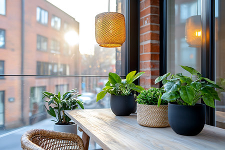Plants in pots on the windowsill of a modern apartment.の写真素材