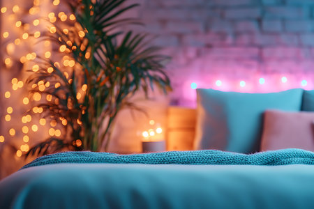 Blue blanket on bed in room with bokeh lights on backgroundの写真素材
