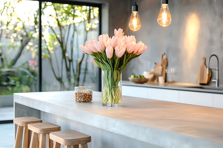 Bouquet of tulips in vase on countertop in modern kitchenの写真素材