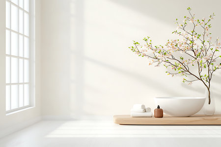 Bathroom interior with white walls, wooden floor, white bathtub and blooming cherry tree. 3d renderingの写真素材