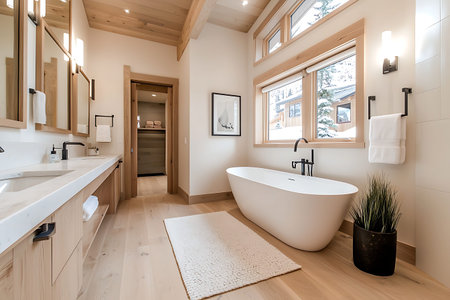 Interior of a luxury bathroom with white bathtub and wooden floor